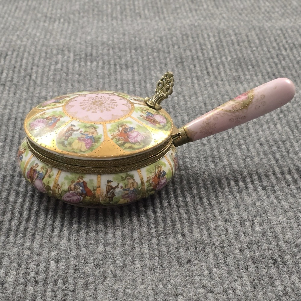 Vintage Fragonard Style Porcelain Trinket Box Pink Gold Courting Scene Handled